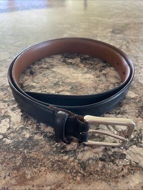 Men's Handmade Italian Pebble Leather Black Dress Belt 38 Silver Buckle Preppy